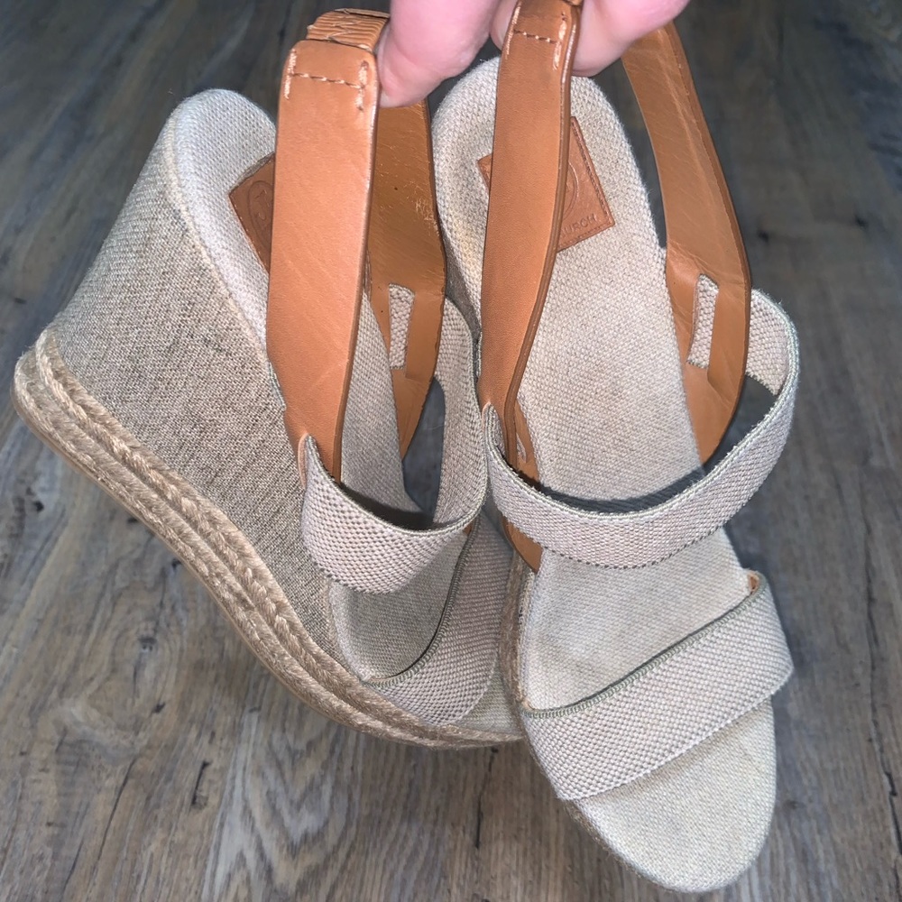 Tory Burch Tan Linen Wedge Sandals